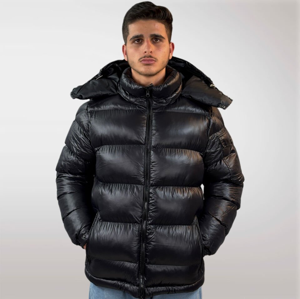 Erkek Şişme Çıkarılabilir Kapüşonlu Mont-Siyah