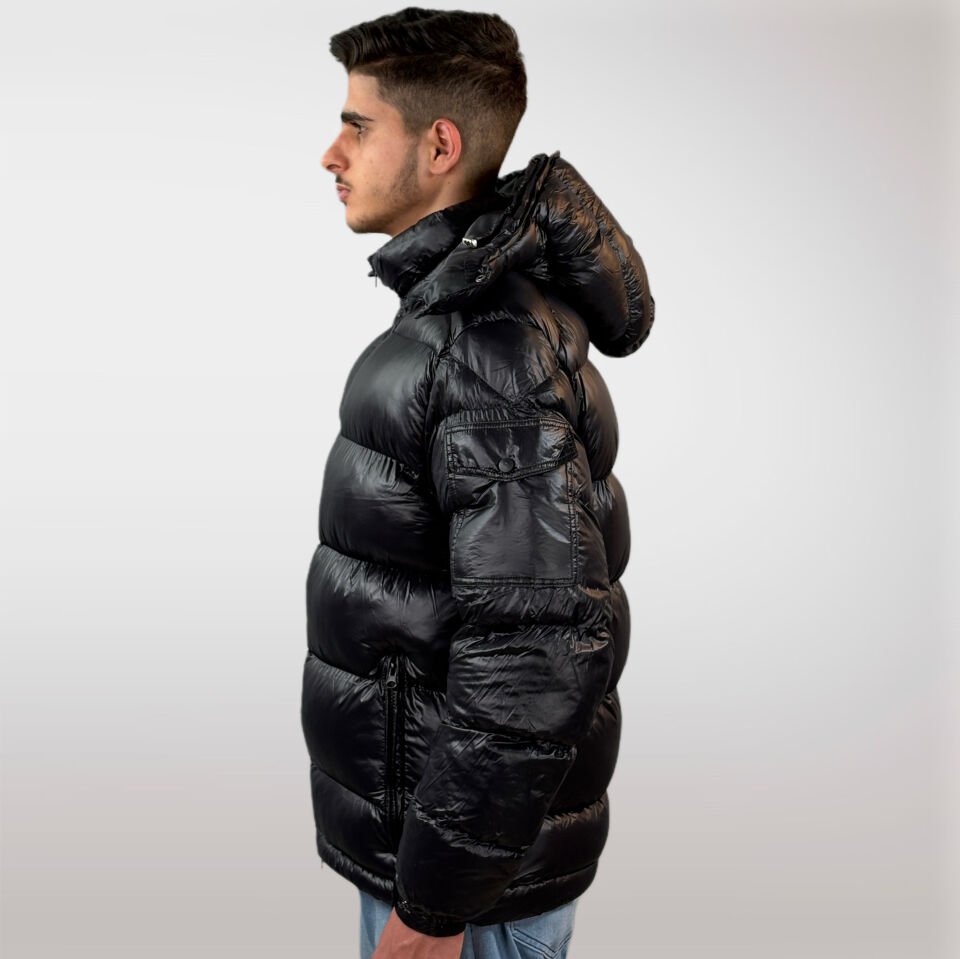 Erkek Şişme Çıkarılabilir Kapüşonlu Mont-Siyah