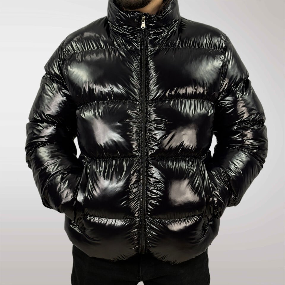 Parlak Siyah Şişme Mont