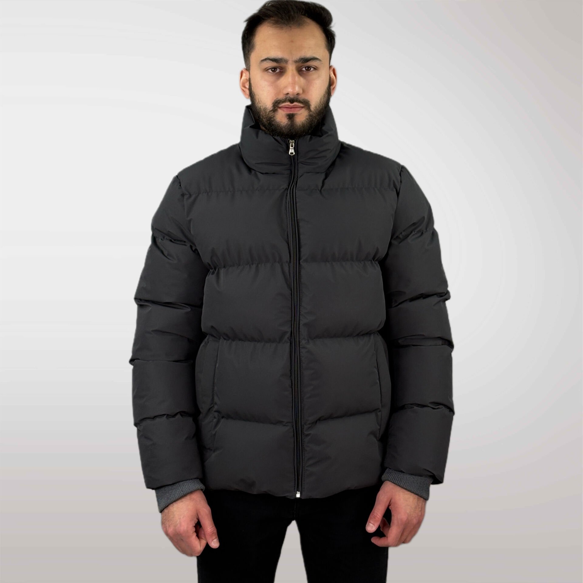 Erkek Kapüşonsuz Şişme Mont-Gri