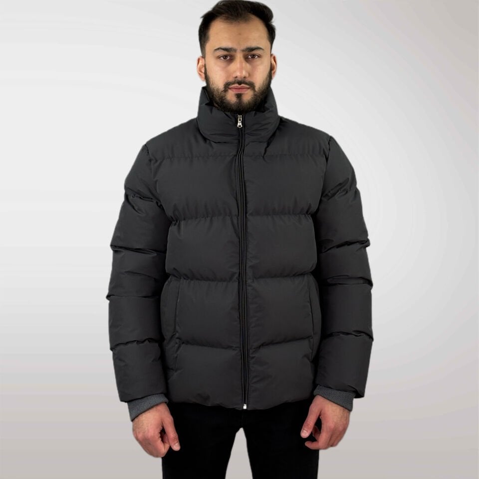 Erkek Kapüşonsuz Şişme Mont-Gri