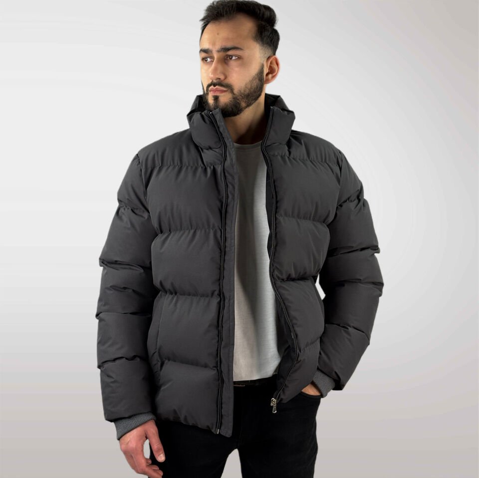 Erkek Kapüşonsuz Şişme Mont-Gri