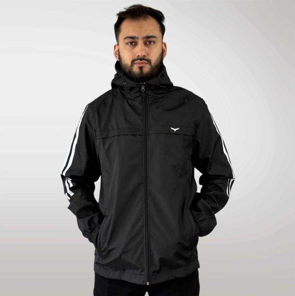 Erkek Şerit Detaylı Yağmurluk-Siyah