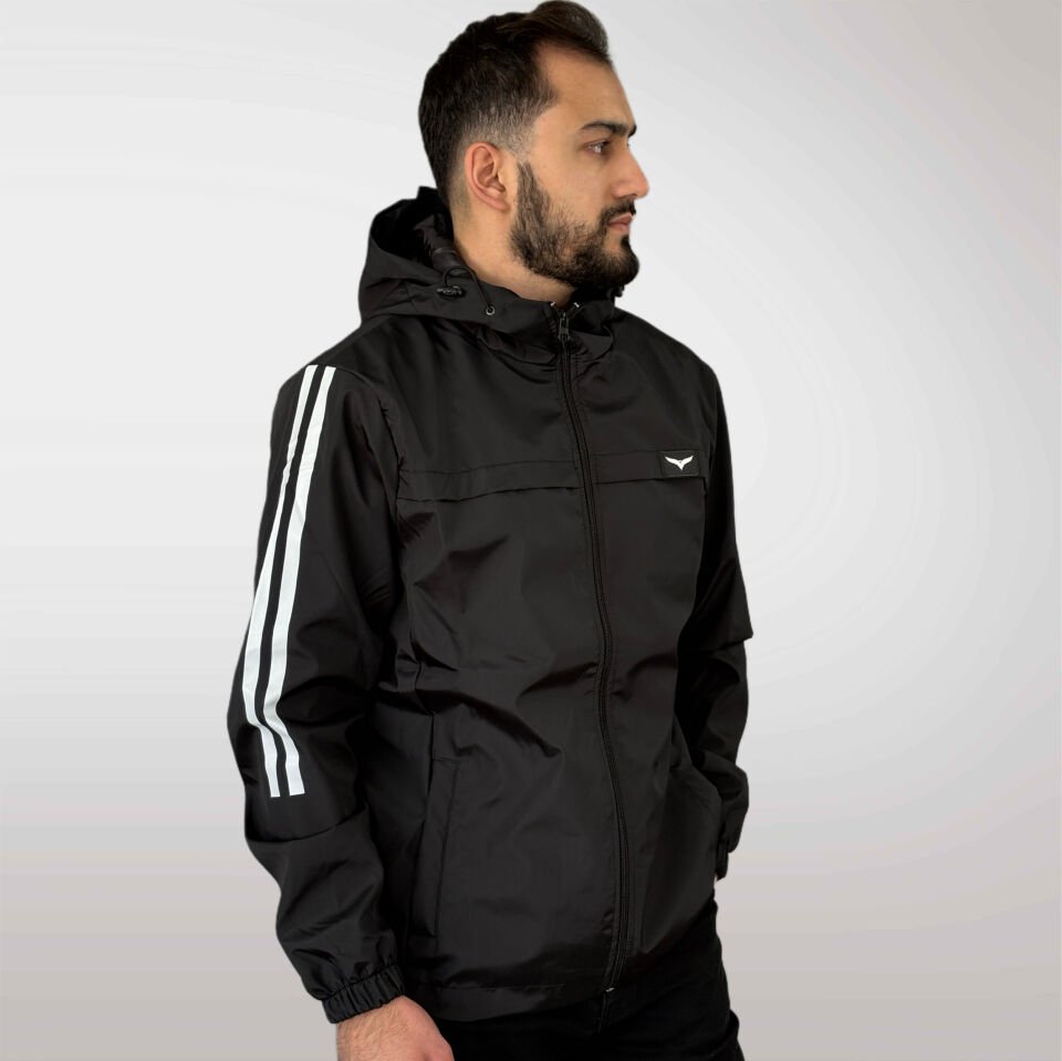 Erkek Şerit Detaylı Yağmurluk-Siyah