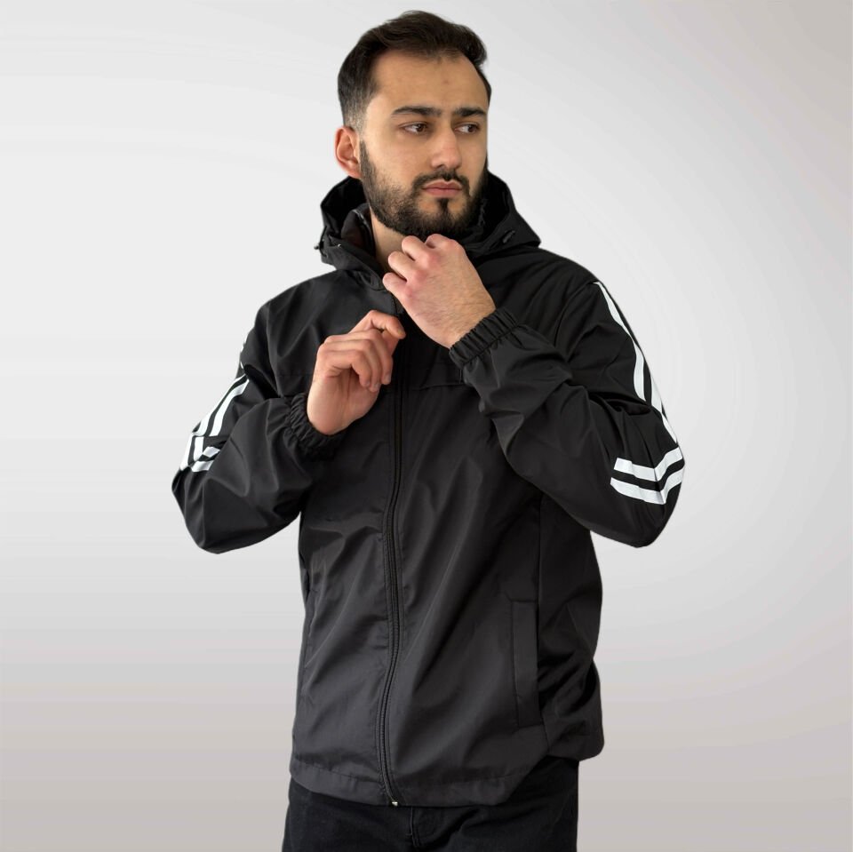 Erkek Şerit Detaylı Yağmurluk-Siyah