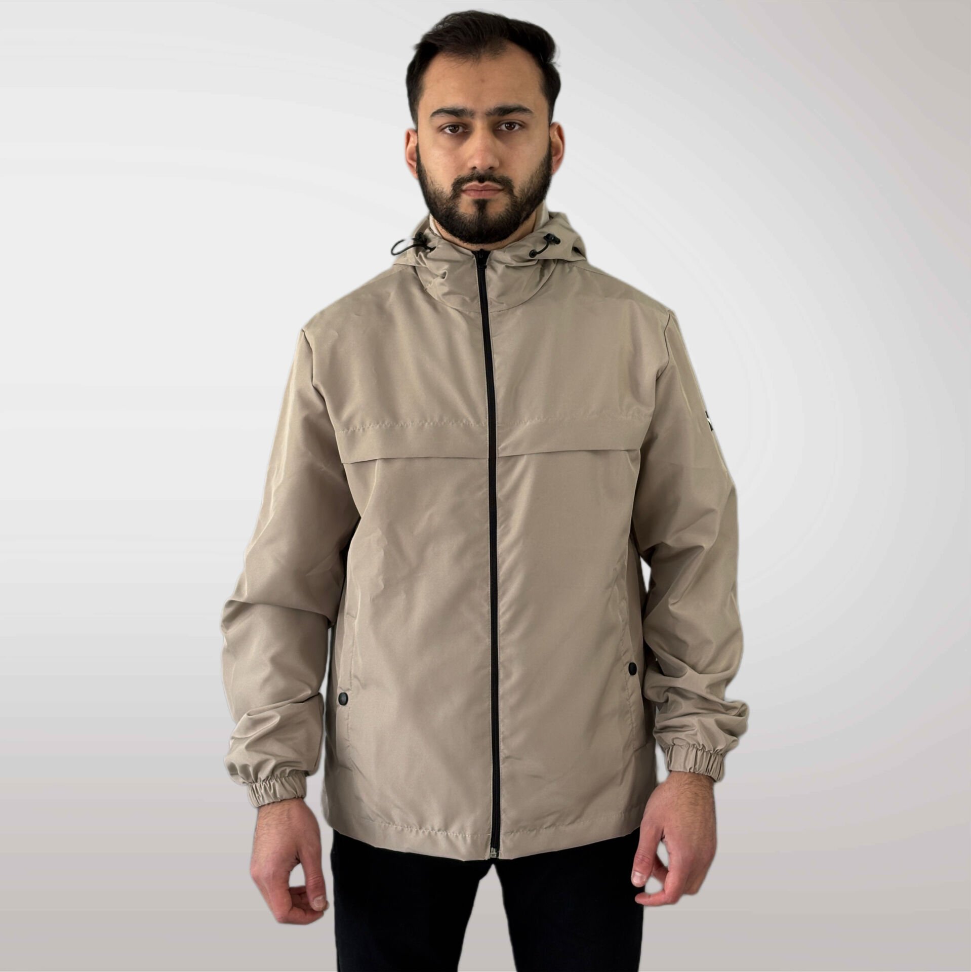 Premium Bej Fermuarlı Kapüşonlu Rüzgarlık