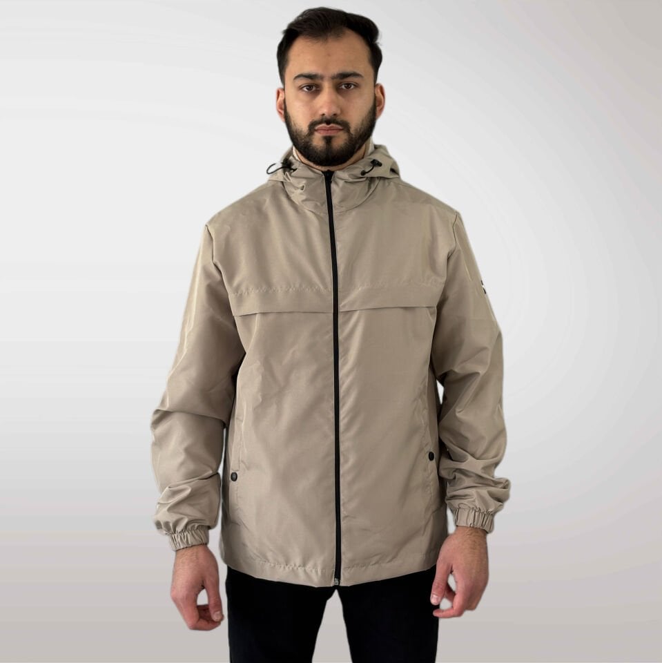Premium Bej Fermuarlı Kapüşonlu Rüzgarlık