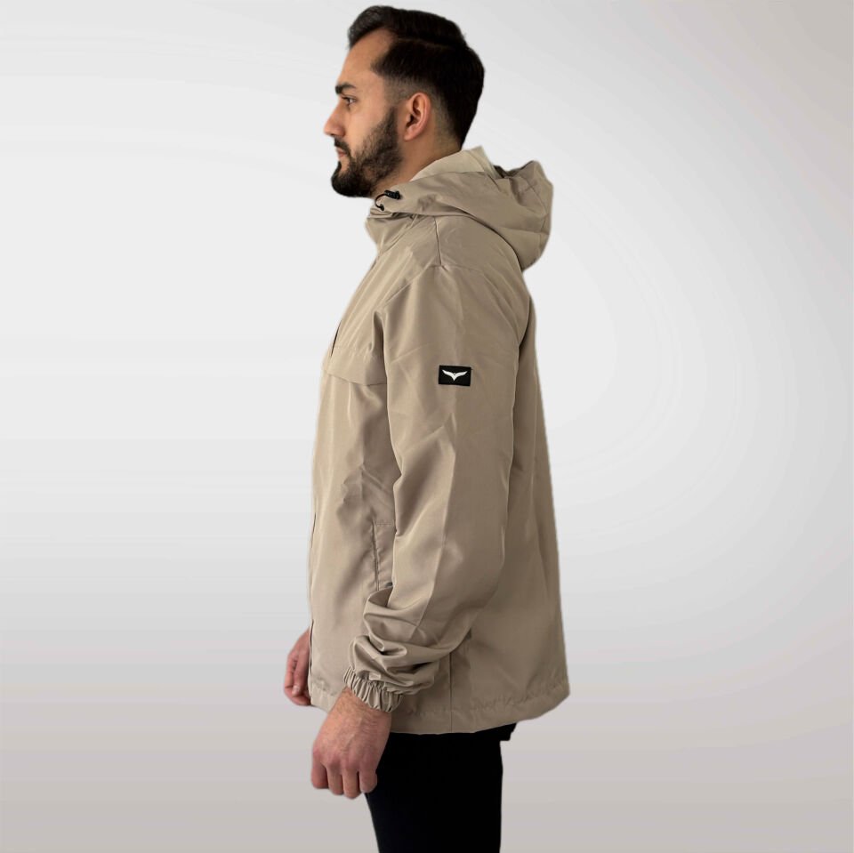 Premium Bej Fermuarlı Kapüşonlu Rüzgarlık
