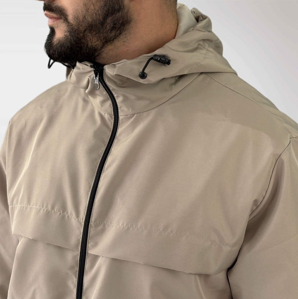 Premium Bej Fermuarlı Kapüşonlu Rüzgarlık