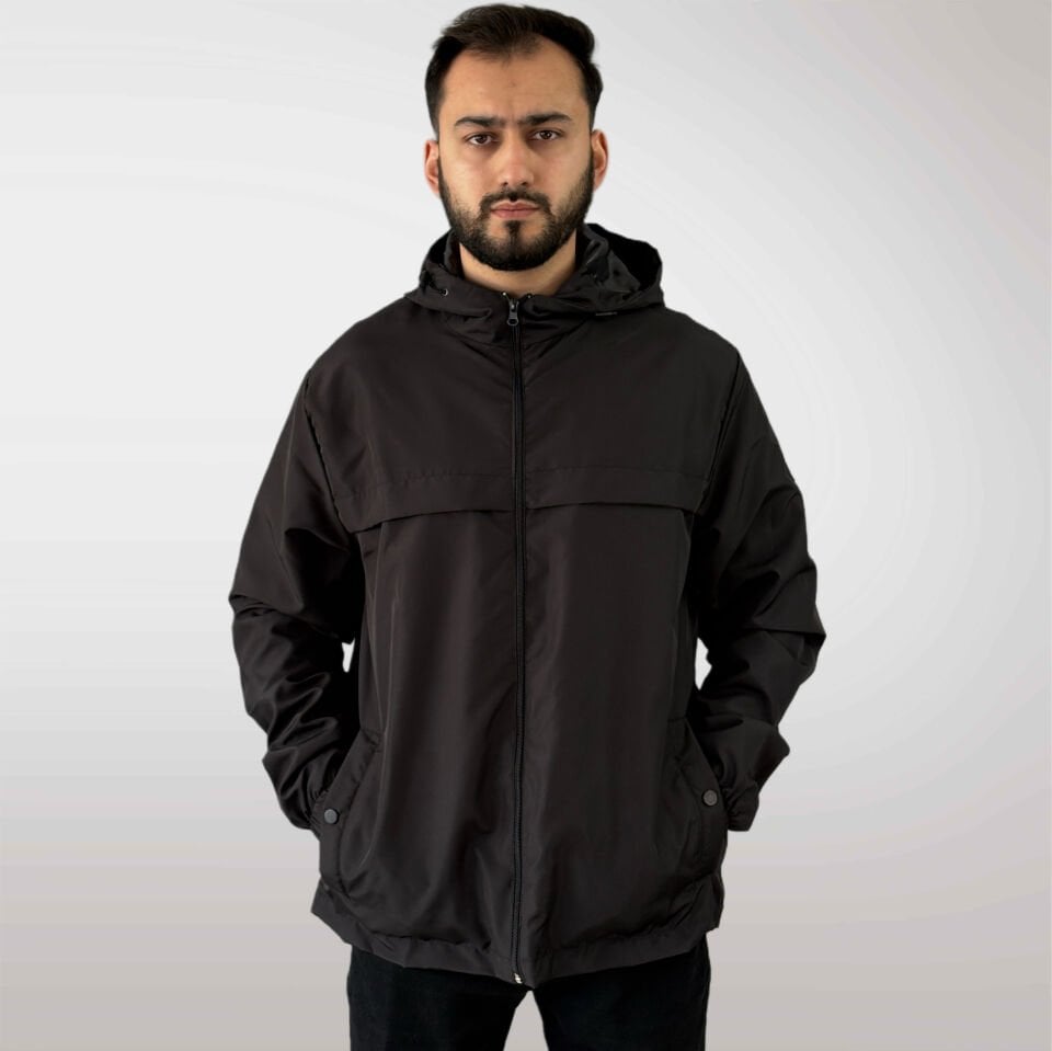 Premium Siyah Fermuarlı Kapüşonlu Rüzgarlık
