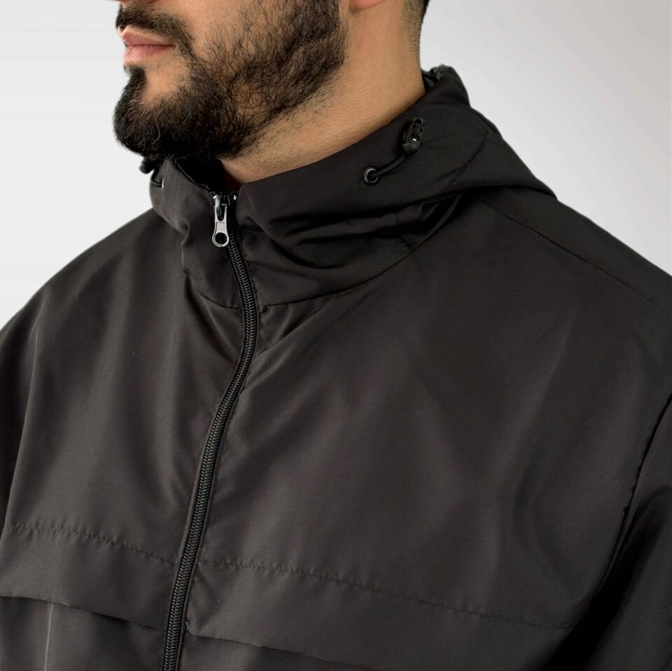 Premium Siyah Fermuarlı Kapüşonlu Rüzgarlık