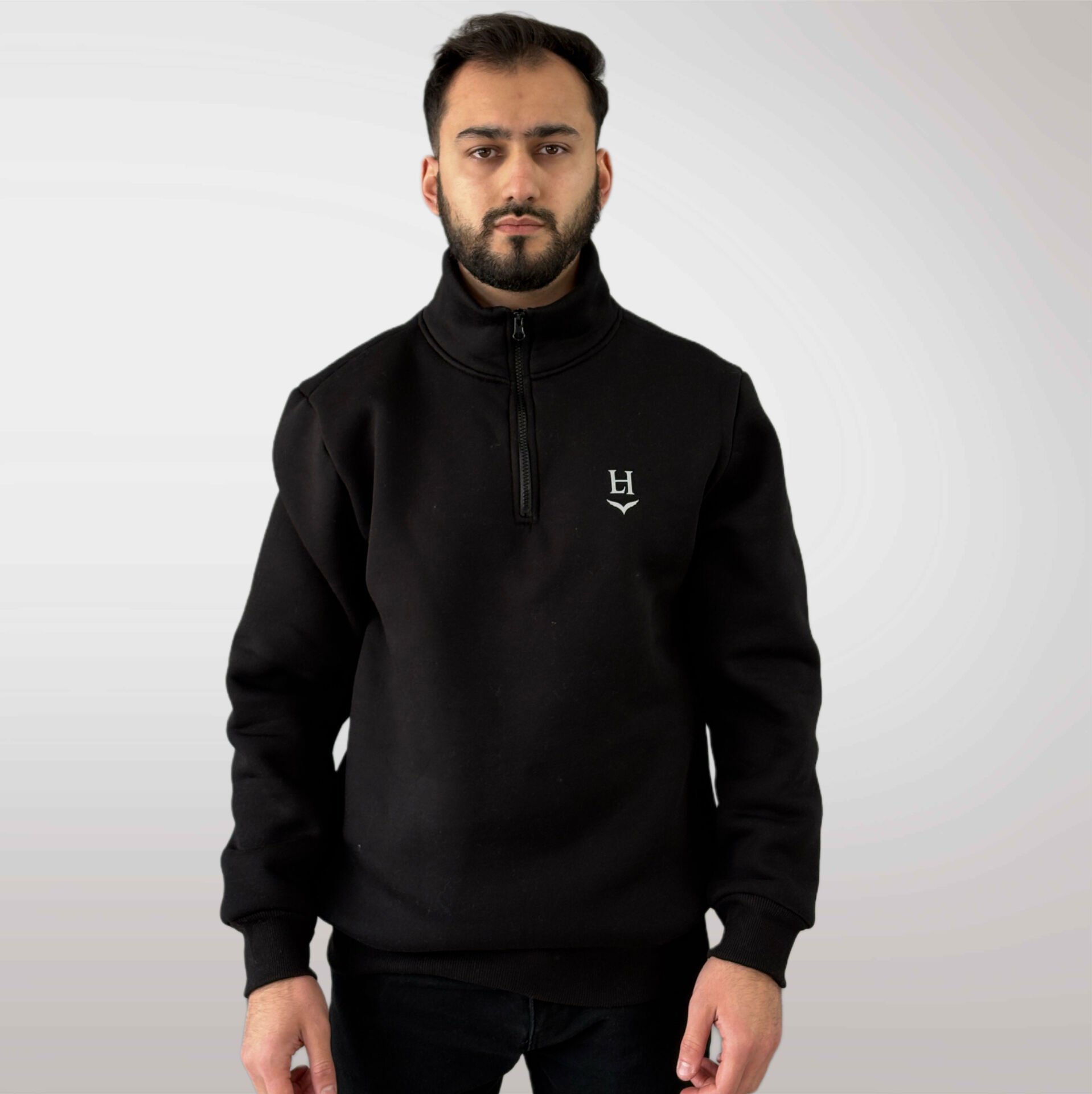 Unisex Logo Detaylı Yarım Fermuarlı Sweatshirt-Siyah