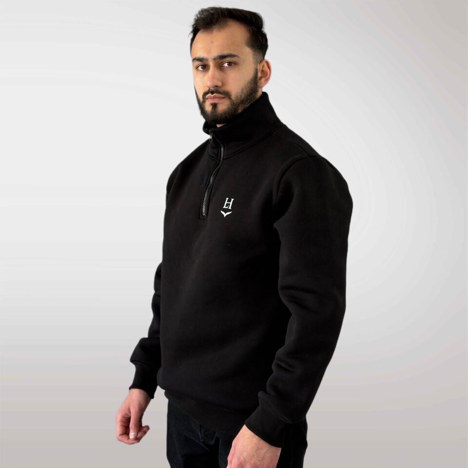 Unisex Logo Detaylı Yarım Fermuarlı Sweatshirt-Siyah