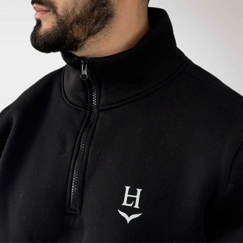 Unisex Logo Detaylı Yarım Fermuarlı Sweatshirt-Siyah