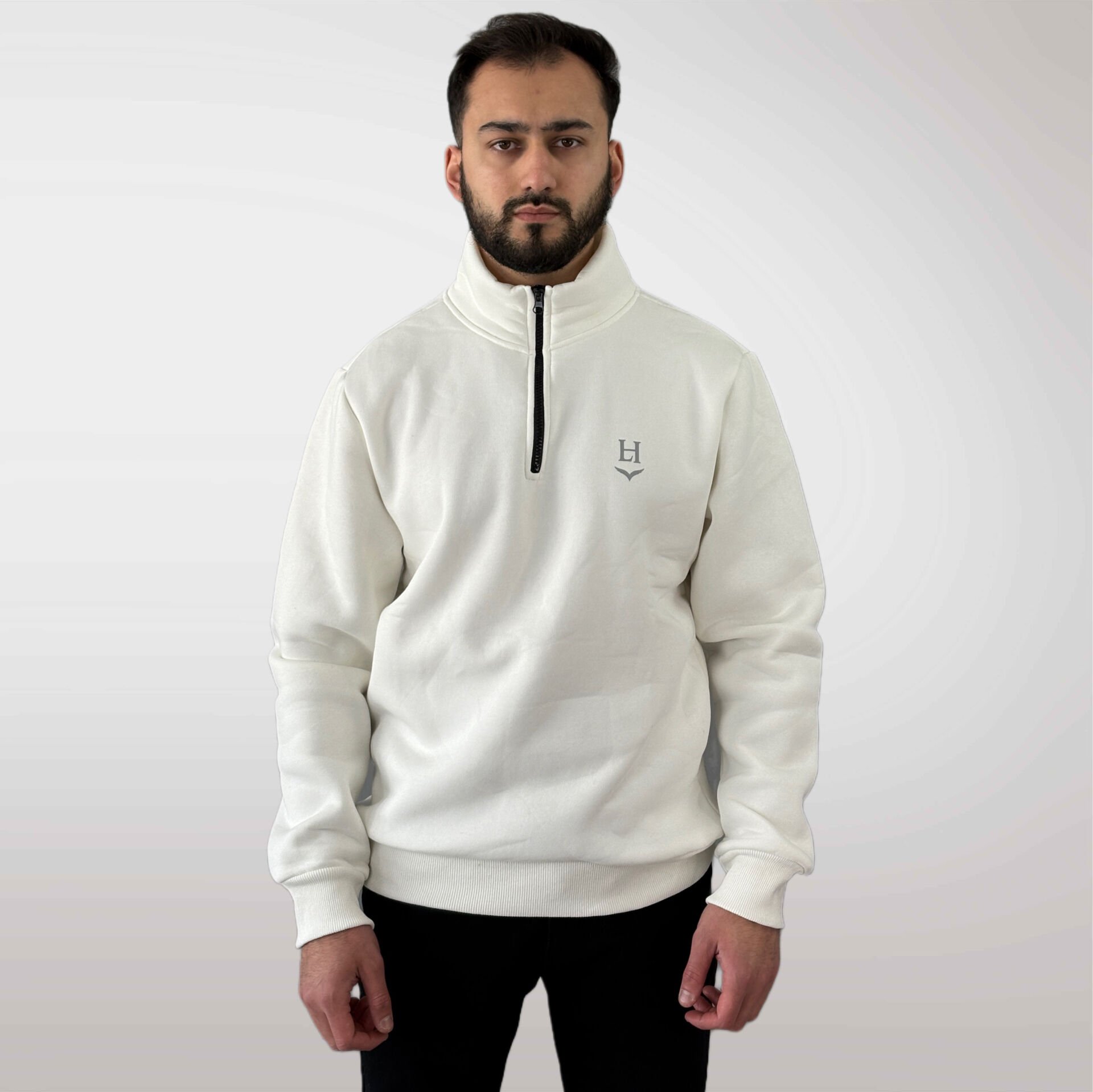 Unisex Logo Detaylı Yarım Fermuarlı Sweatshirt-Beyaz