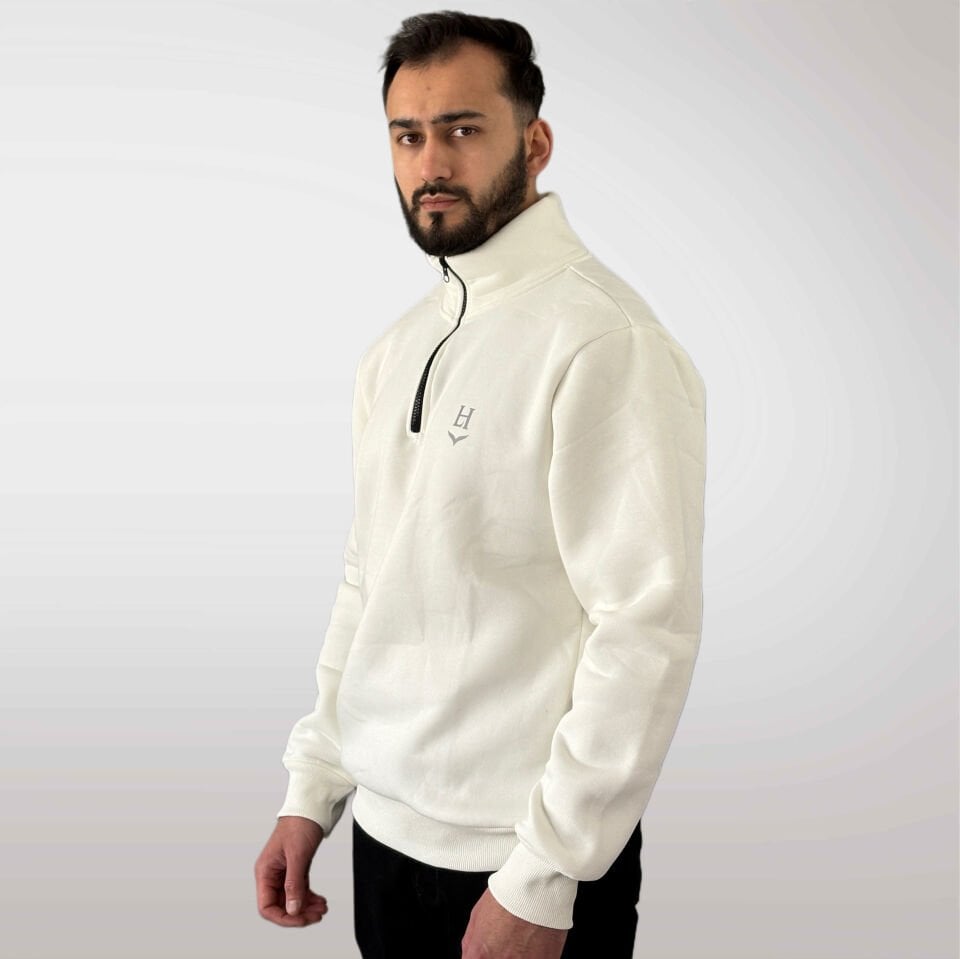 Unisex Logo Detaylı Yarım Fermuarlı Sweatshirt-Beyaz