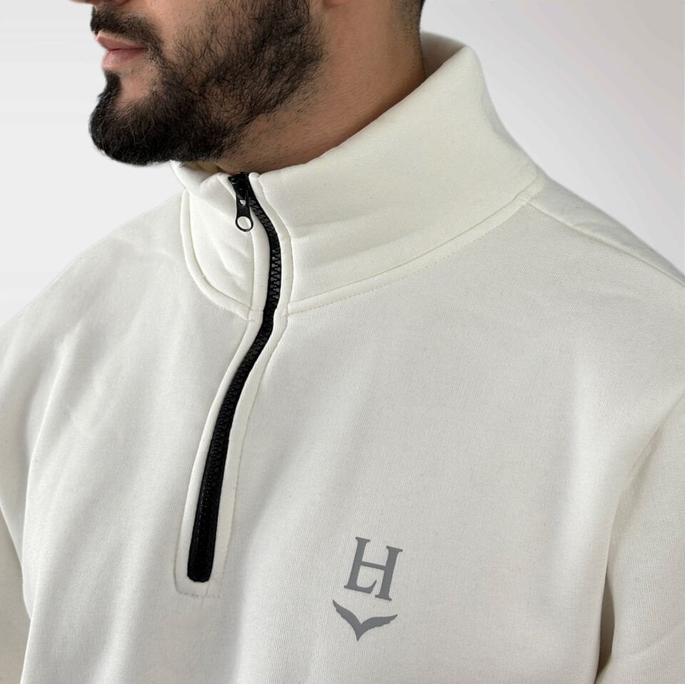 Unisex Logo Detaylı Yarım Fermuarlı Sweatshirt-Beyaz