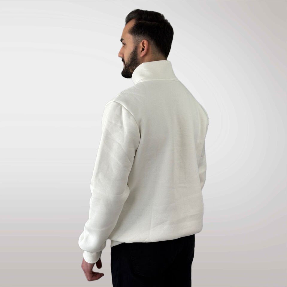 Unisex Logo Detaylı Yarım Fermuarlı Sweatshirt-Beyaz