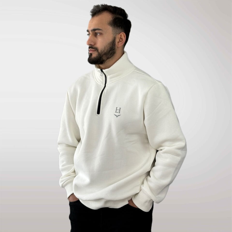 Unisex Logo Detaylı Yarım Fermuarlı Sweatshirt-Beyaz
