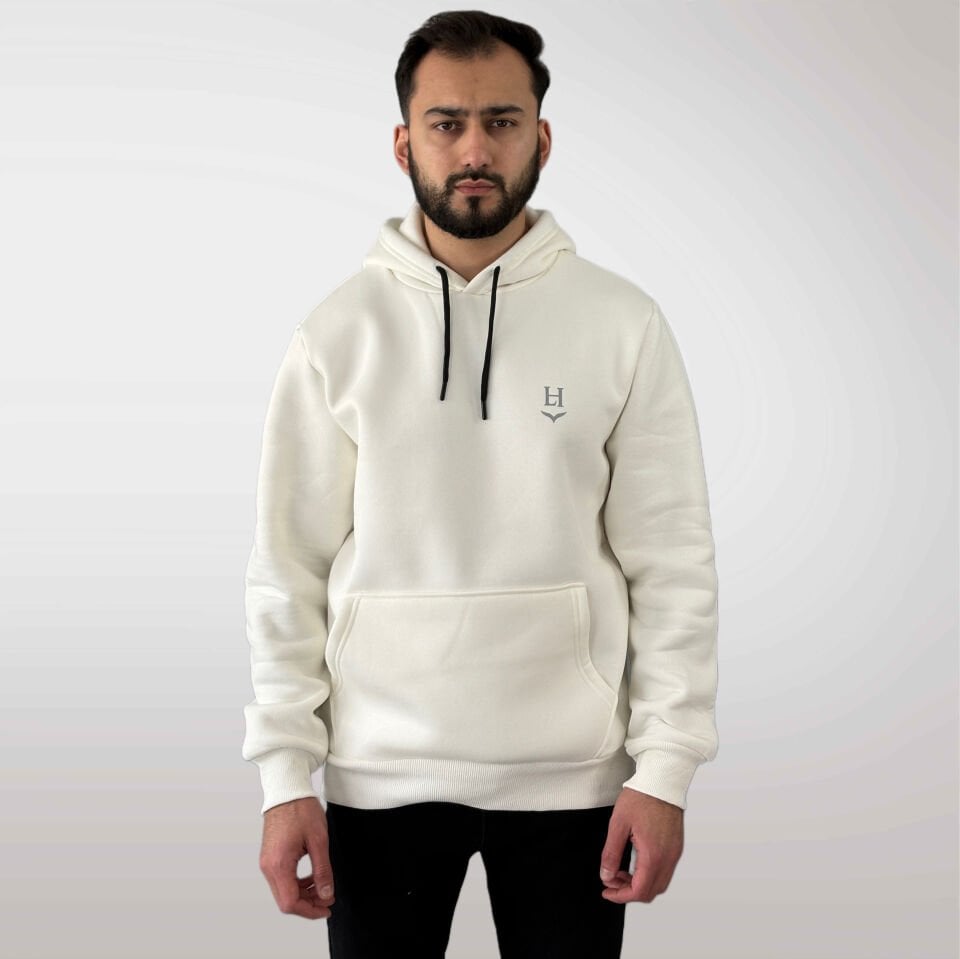 Unisex Logo Detaylı Kapüşonlu Sweatshirt-Beyaz