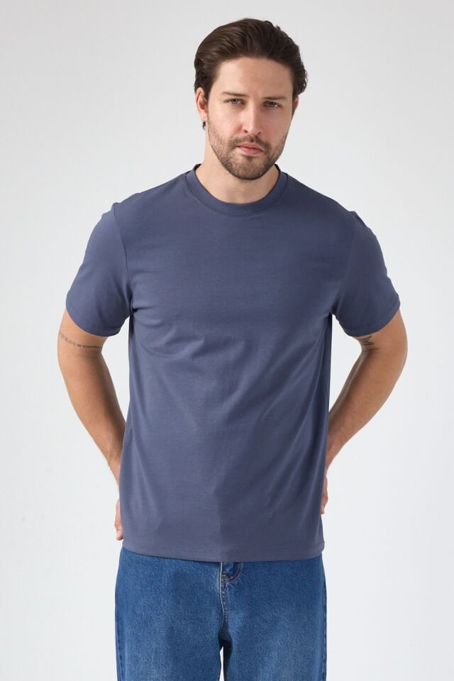 Erkek Koyu İndigo Bisiklet Yaka Basic Tişört