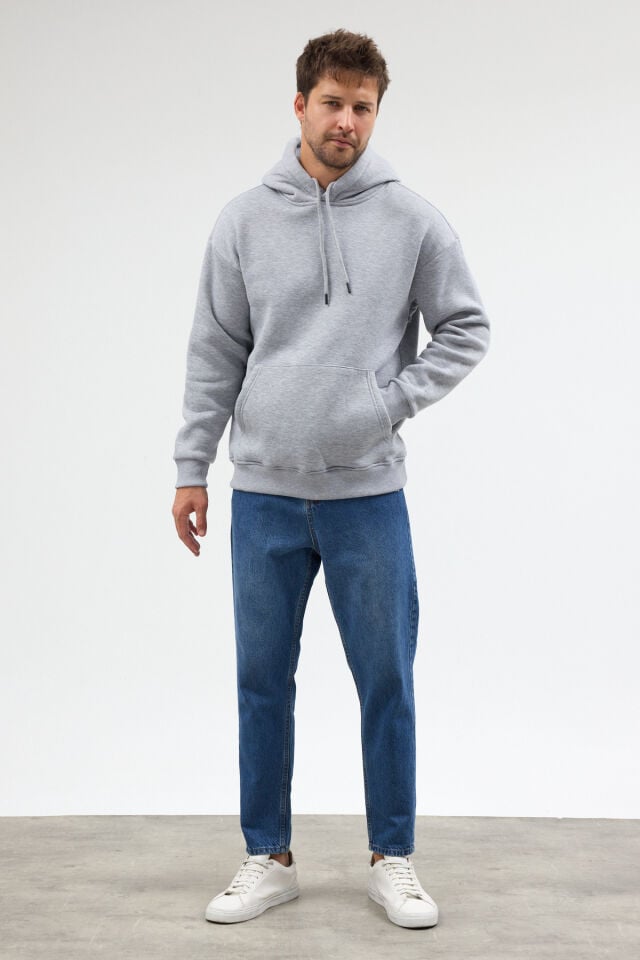 Gri Melanj Kanguru Cepli Kapüşonlu Sweatshirt