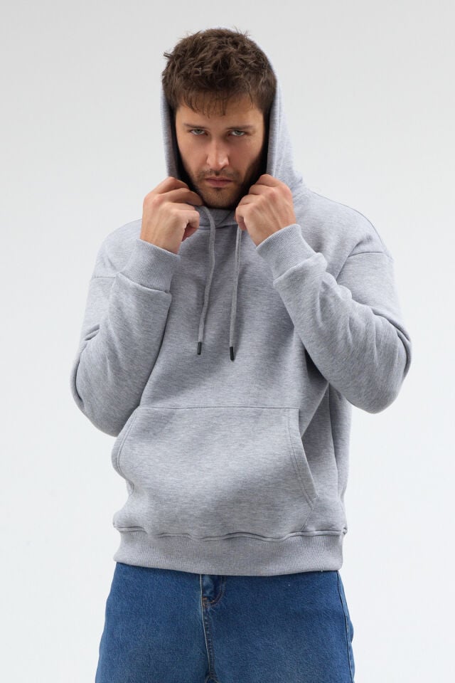 Gri Melanj Kanguru Cepli Kapüşonlu Sweatshirt
