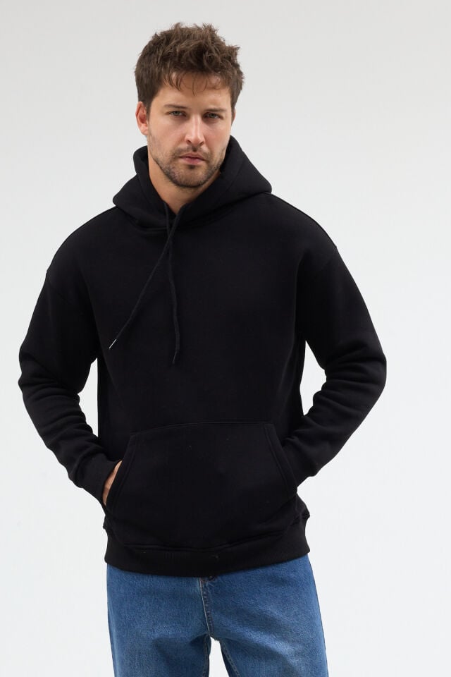 Siyah Kanguru Cepli Kapüşonlu Sweatshirt