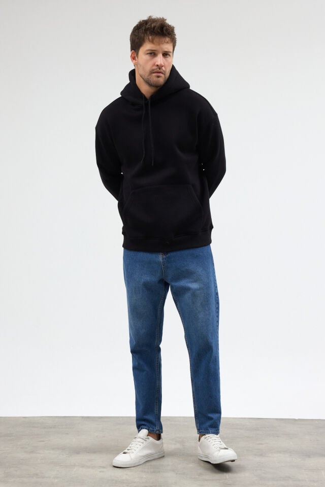 Siyah Kanguru Cepli Kapüşonlu Sweatshirt