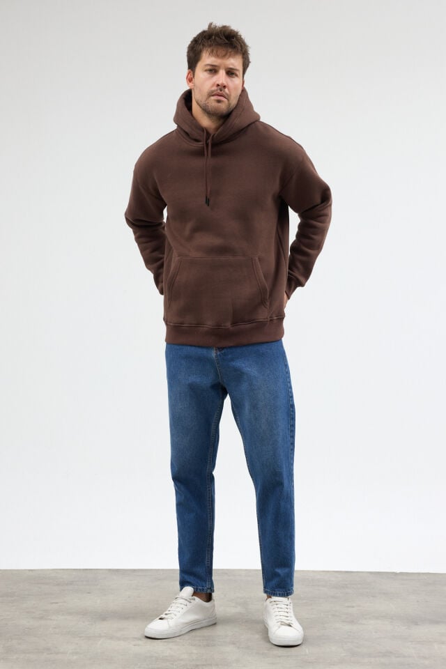 Kahverengi Kanguru Cepli Kapüşonlu Sweatshirt